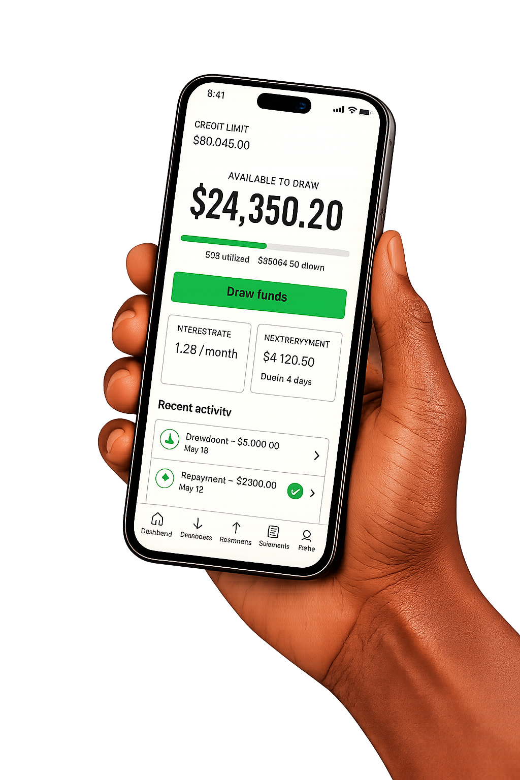 Axle line of credit app showing available credit and draw funds